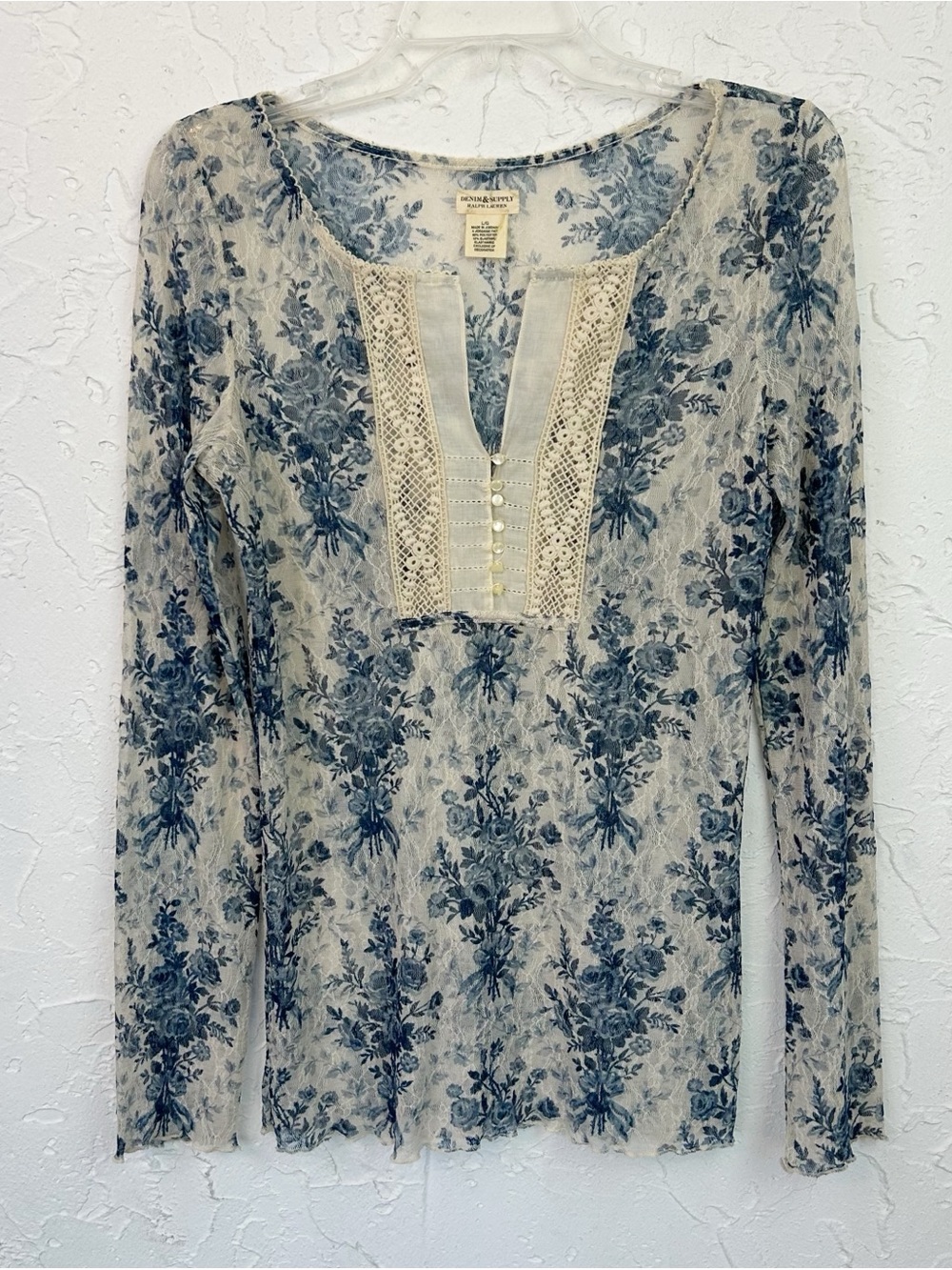 Denim & Supply Ralph Lauren Blue White Floral Lace Long Sleeve Top Size Large